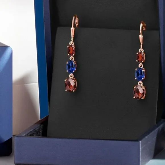 18K Rose Gold with 6.21Cttw 3 Stone Garnet and Royal Blue Sapphire Drop Earrings